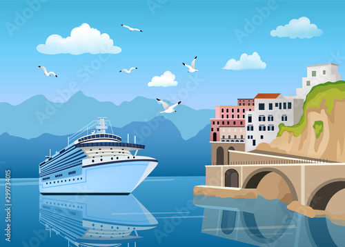 Fototapet Landscape with Great cruise liner near coast with buildings and houses, tourism