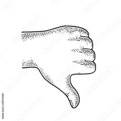 Thumb down hand gesture sketch engraving vector illustration. Scratch board imitation. Black and white hand drawn image.