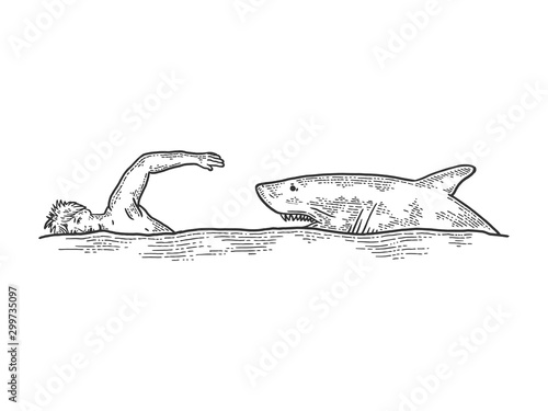 Shark chasing swimming man sketch engraving vector illustration. T-shirt apparel print design. Scratch board style imitation. Black and white hand drawn image.