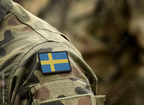 Flag of Sweden on military uniform. Army, troops, soldiers. Collage.