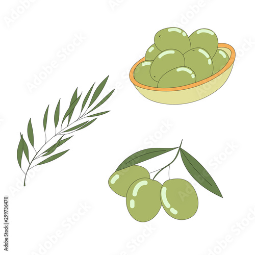 Set of vector olives. Delicious green olives in a plate.