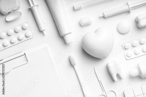 фотографія White and monotone color dental care & toothbrush set for clean concept