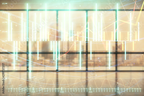 Double exposure of financial chart on empty room interior background. Forex market concept.