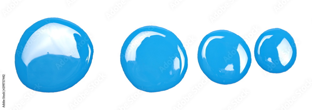 Blue oil paint puddle set and collection blots isolated on white background, top view Blue oil paint puddle set and collection blots isolated on white background, top view