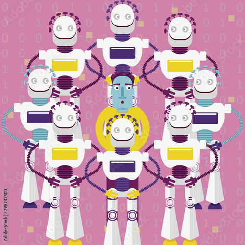 Illustration of interaction of artificial intelligence with our life and how we are helpless without internet, apps and gadgets. A man are surrounded by robots