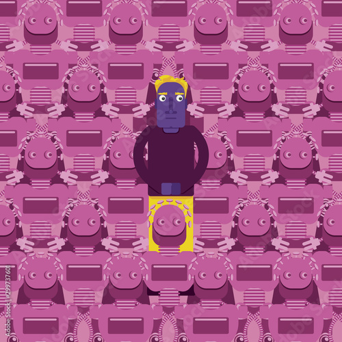 Illustration of interaction of artificial intelligence with our life and how we are helpless without internet, apps and gadgets. A man are surrounded by robots