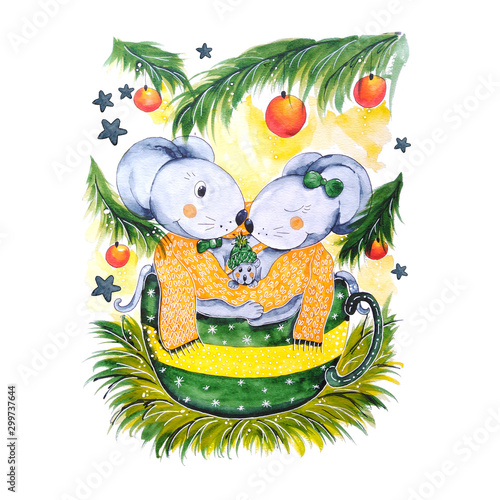 Mouse family in a cup, new year family illustration. Little mouses on a christmas tree branches. Cute Christmas watercolor illustration.
