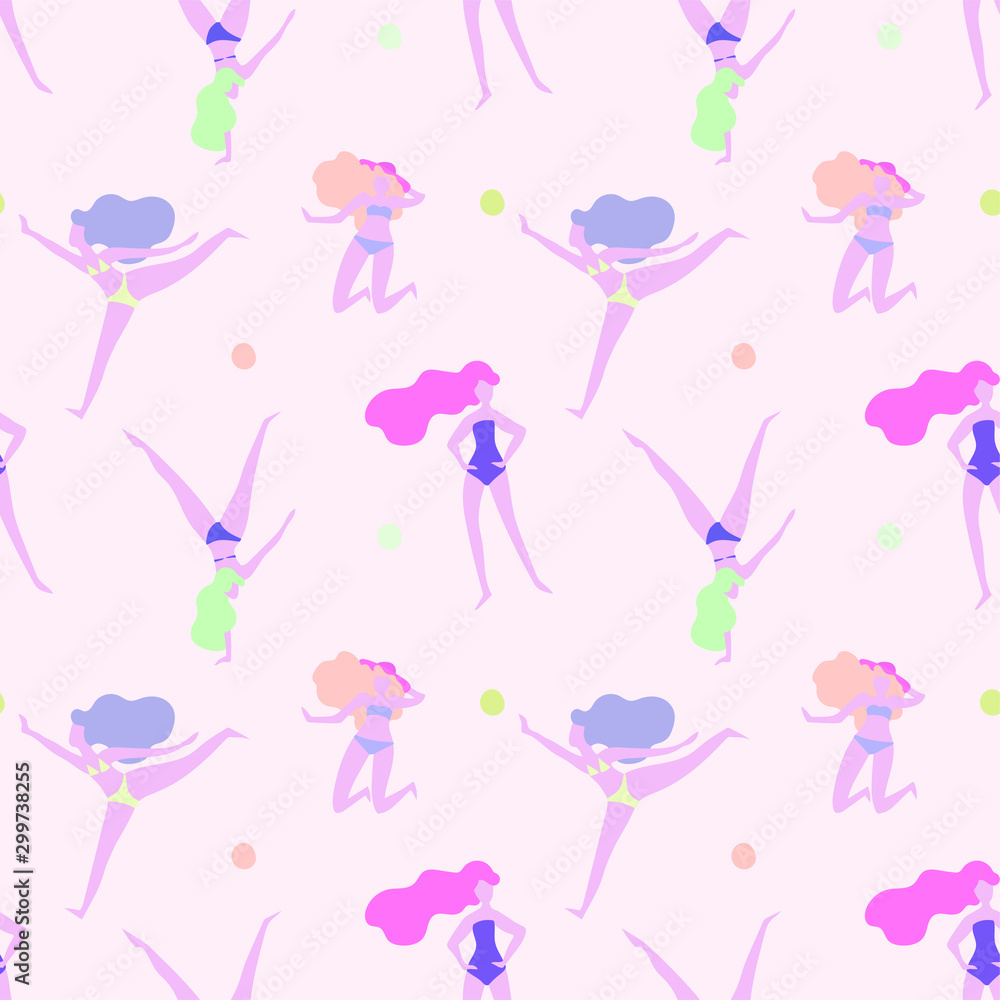 Vector seamless pattern with women in swimsuits on beach