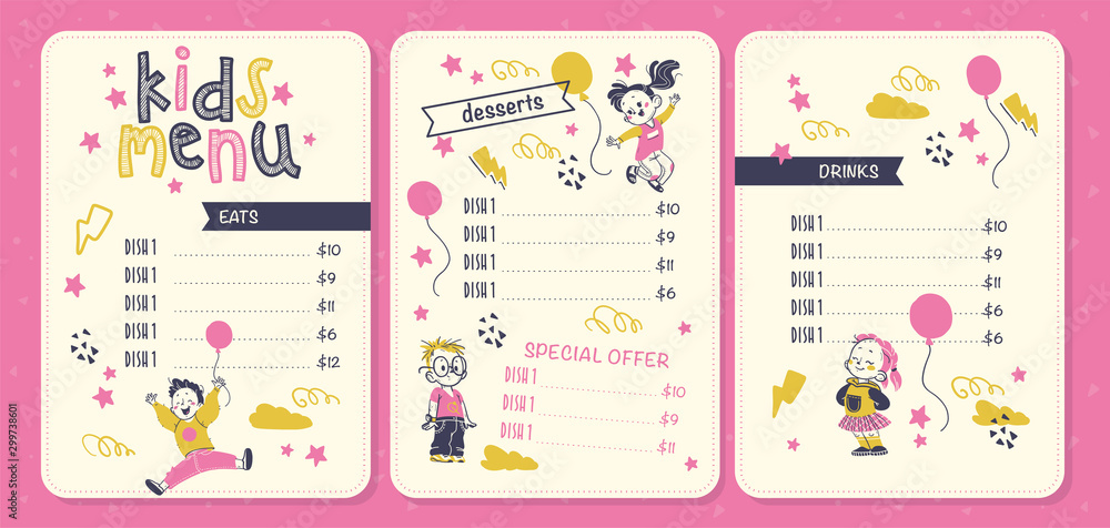 Vector kids menu design template with funny boy and girl characters, hand drawn stars, air balloons, menu in pink yellow colours. Flat style, vector illustration. For restaurants, cafe, fast food etc. Vector kids menu design template with funny boy and girl characters, hand drawn stars, air balloons, menu in pink yellow colours. Flat style, vector illustration. For restaurants, cafe, fast food etc.