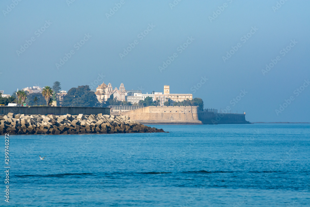 View from Atlantic ocean on old part of Cadiz, Andalusia, Spain