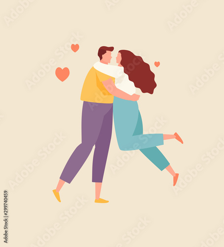Embracing lovers man and woman. Valentine day, vector flat illustration