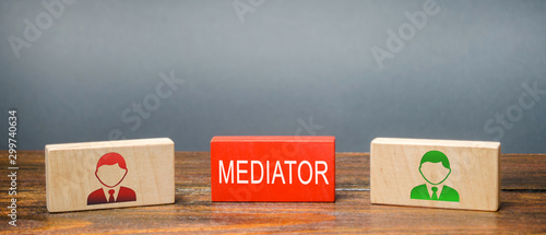 Wooden blocks with the word Mediator and two parties to the dispute. Settlement of disputes by mediator. Conflict resolution and mediation. Third party, intermediary. Solution problem. photo