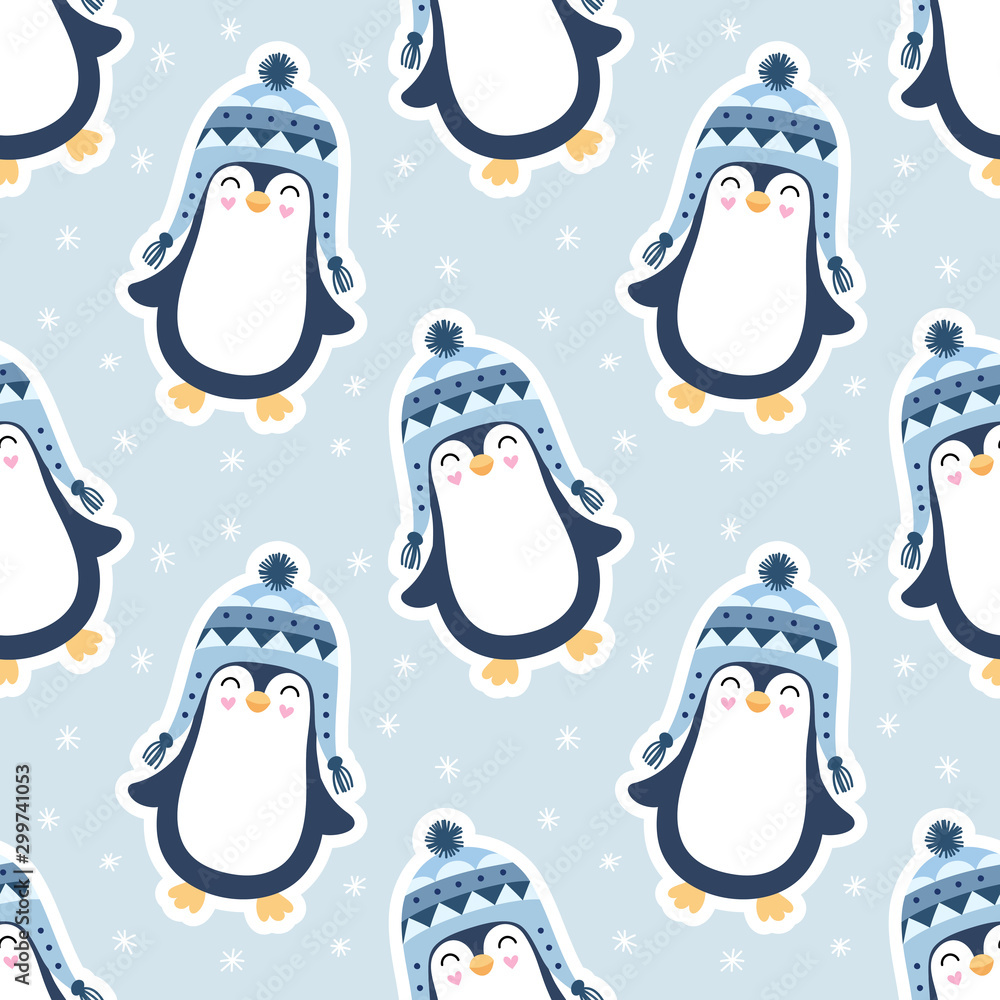 Seamless cute pattern, penguins, snow, snowflakes. Penguin in knit scarf,  winter. Print for wrapping, wallpaper, fabric, textile. Cartoon vector  illustration for children, boys. Blue background. Stock Vector | Adobe Stock