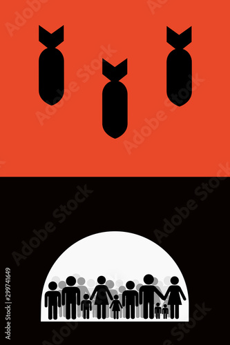 Bomb shelter - underground space is protecting civilian people and family against failling bomb, bombing and bombardment during war, warfare and military conflict. Vector illustration