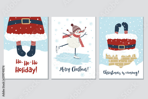 Christmas and New Year cards with Santa and snowman. Vector