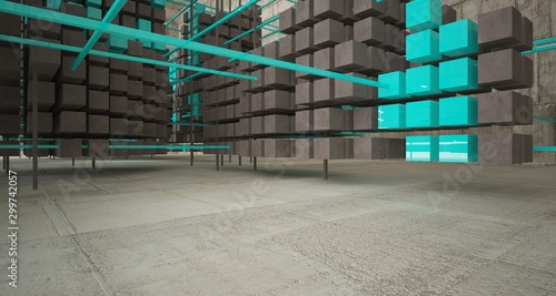 Abstract architectural concrete interior from an array of blue cubes with large windows. 3D illustration and rendering.