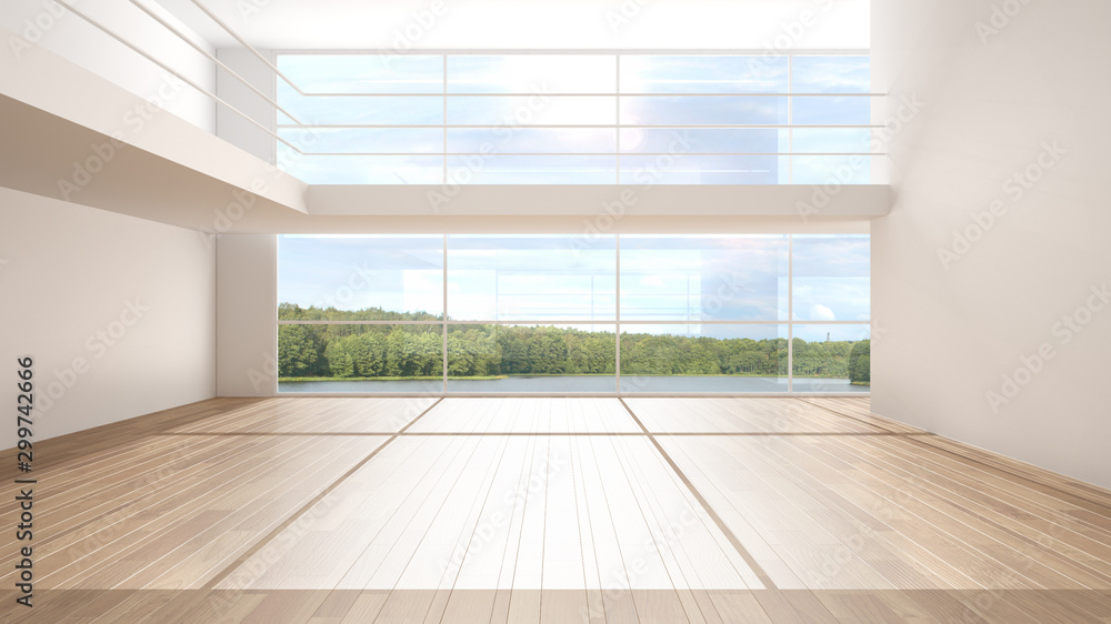 Empty room interior design, open space with white walls and parquet wooden floor, big panoramic window, mezzanine, modern contemporary architecture, no people, mock-up with copy space Empty room interior design, open space with white walls and parquet wooden floor, big panoramic window, mezzanine, modern contemporary architecture, no people, mock-up with copy space