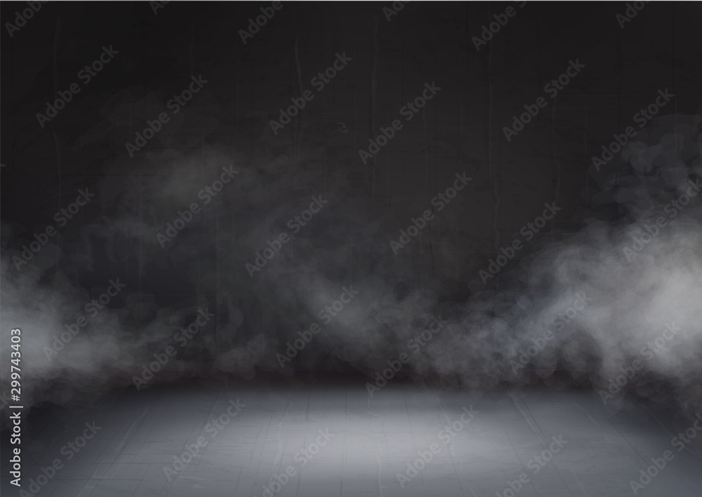 Gray cloud and smoke in the dark room. Mist effect stage. Transparent fog  on black background abstract realistic decoration Stock-Vektorgrafik |  Adobe Stock