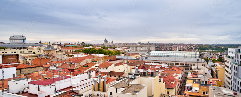 Panoramic photo of the city of Toledo, Castilla la Mancha, Spain from a bird's eye view. Photos from the roof. Aerial photo