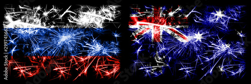 Russia, Russian vs Australia, Australian New Year celebration sparkling fireworks flags concept background. Combination of two states flags © Vlad