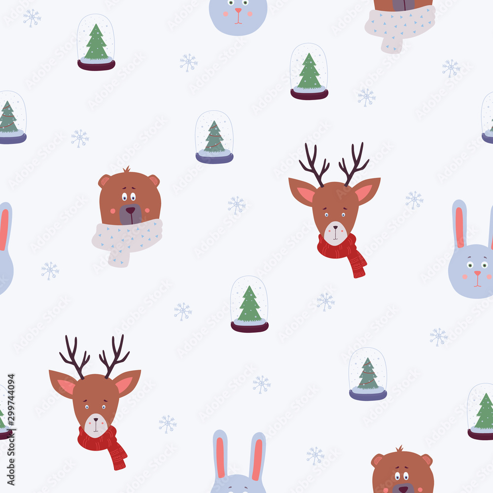 Seamless pattern with spruce in a glass bowl, deer, bear, hare and snowflakes on white background.