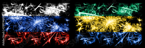 Russia, Russian vs Gabon, Gabonese New Year celebration sparkling fireworks flags concept background. Combination of two states flags