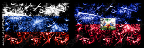 Russia, Russian vs Haiti, Haitian New Year celebration sparkling fireworks flags concept background. Combination of two states flags