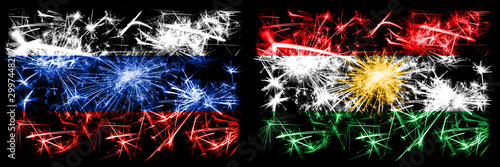 Russia, Russian vs Kurdistan, Kurdish New Year celebration sparkling fireworks flags concept background. Combination of two states flags