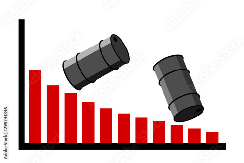 Red grapg with falling barrel of oil, petroleum and fuel. Metaphor of fallign price and low yield, depletion and reduction of production, decrease and of demand. Vector illustration isolated on white