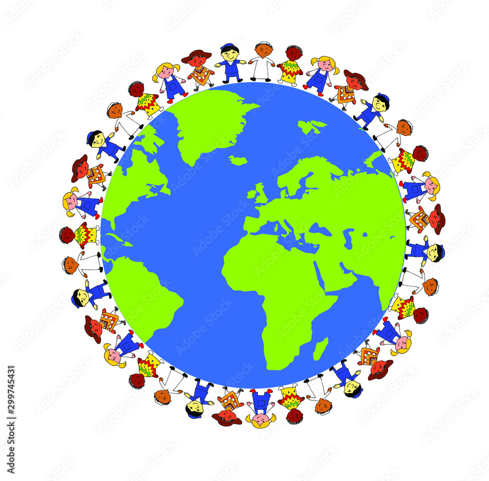 Obraz premium Detailed illustration of planet Earth with a lot of children from various countries surrounding it