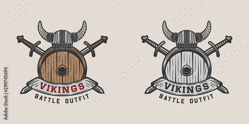 Set of vintage vikings motivational logo, label, emblem, badge in retro style with quote. Monochrome Graphic Art. Vector Illustration.