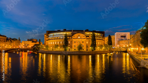 Swedish parliament building Stockholm Riksdagshuset during blue hour