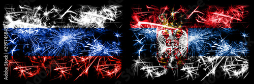 Russia, Russian vs Serbia, Serbian New Year celebration sparkling fireworks flags concept background. Combination of two states flags © Vlad