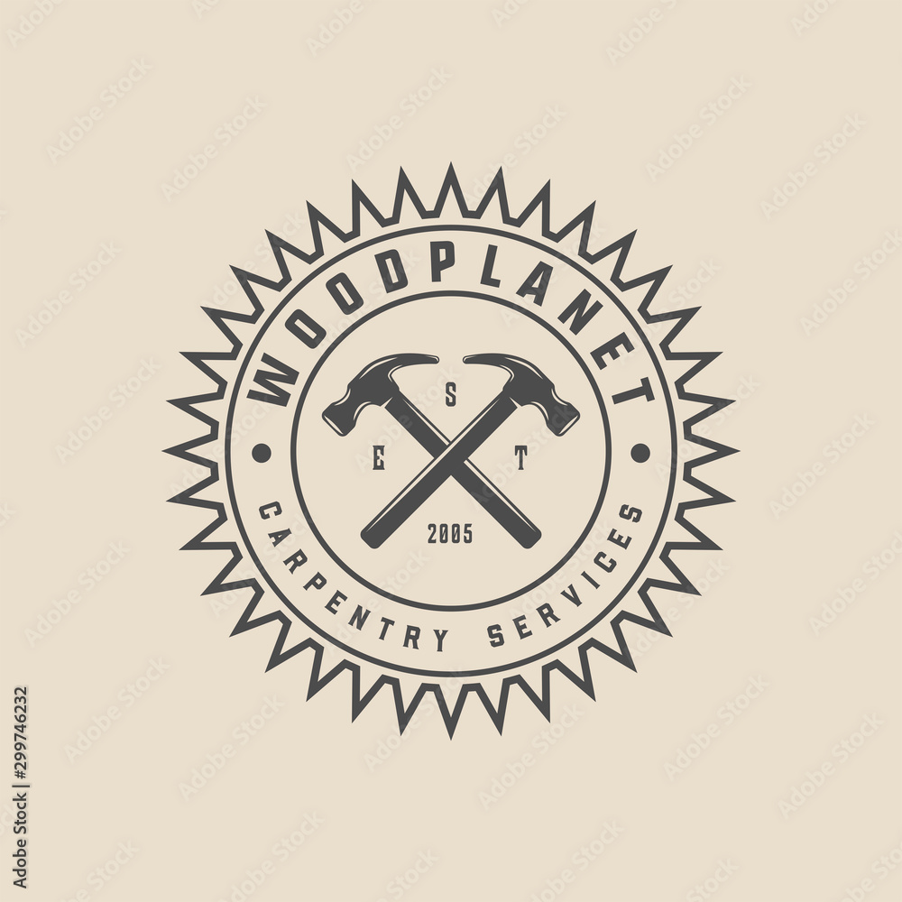 Vintage carpentry, woodwork and mechanic label, badge, emblem and logo. Vector illustration. Monochrome Graphic Art.