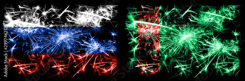 Russia, Russian vs Turkmenistan, Turkmenistans New Year celebration sparkling fireworks flags concept background. Combination of two states flags © Vlad