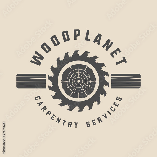 Vintage retro woodwork lumber logo, badge, emblem. Line woodcut style. Monochrome Graphic Art. Vector Illustration.