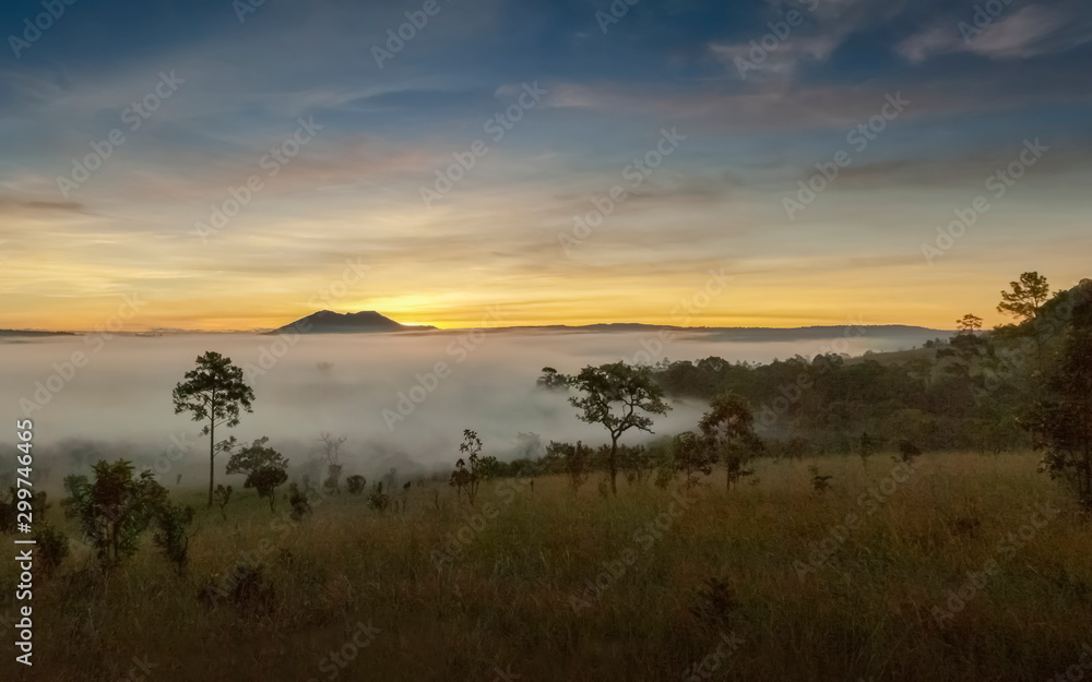 Mountain view misty morning on meadow around with sea of fog, peak mountain and yellow light light in cloudy sky background, sunrise at Thung Salang Luang National Park, Khao Kho, Phetchabun, Thailand