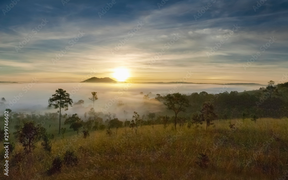 Mountain view misty morning on meadow around with sea of fog, peak mountain and yellow light light in cloudy sky background, sunrise at Thung Salang Luang National Park, Khao Kho, Phetchabun, Thailand Mountain view misty morning on meadow around with sea of fog, peak mountain and yellow light light in cloudy sky background, sunrise at Thung Salang Luang National Park, Khao Kho, Phetchabun, Thailand