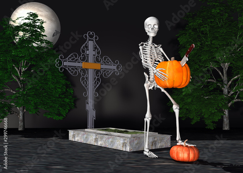 3d Skelett mit Kürbis auf dem Friedhof in der Dunkelheit