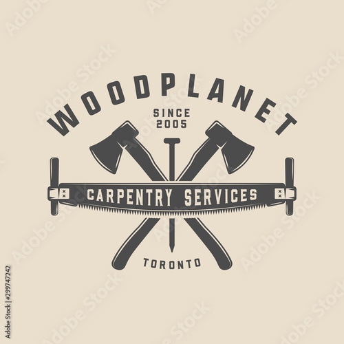 Vintage carpentry, woodwork and mechanic label, badge, emblem and logo. Vector illustration. Monochrome Graphic Art
