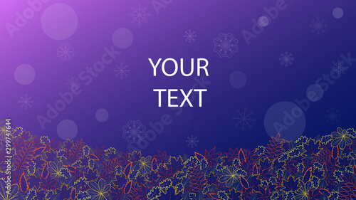 Fall background with contour oak maple rowan chestnut birch leaves and snowflakes. Bright horizontal autumn banner with place for your text. 