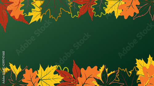 Fall background with colorful and outline autumnal maple rowan oak leaves. Vector banner with frames for sale, advertising, poster, web.