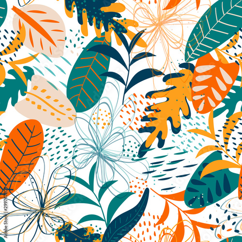 Vector seamless pattern, nature design. Colorful floral background. Bright tropical leafs pattern. Seamless texture with floral ornament for fabric, wallpaper, cover and more