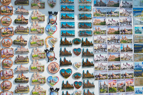 HUNEDOARA, ROMANIA: Beautiful magnets for tourists, sale, Corvin Castle or Hunyadi Castle in Hunedoara photo