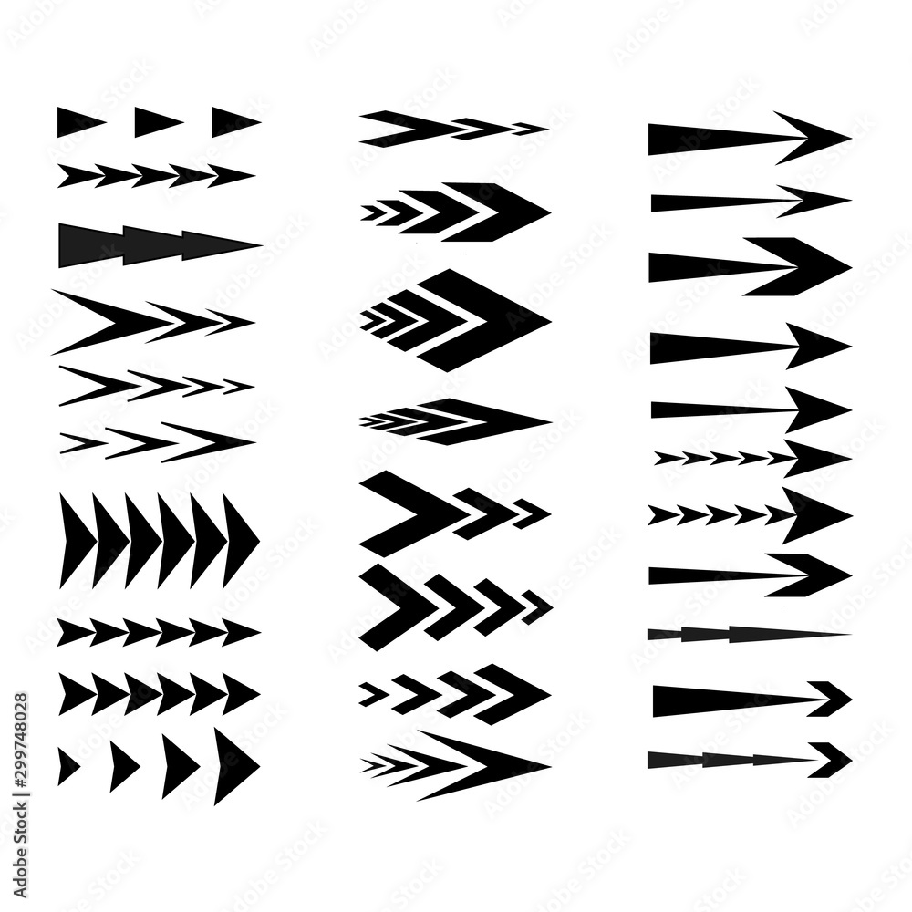 Arrows collection. Black arrow direction signs forward and down for navigation or web download button isolated vector narrow, right and recycle arrowhead symbols set Arrows collection. Black arrow direction signs forward and down for navigation or web download button isolated vector narrow, right and recycle arrowhead symbols set