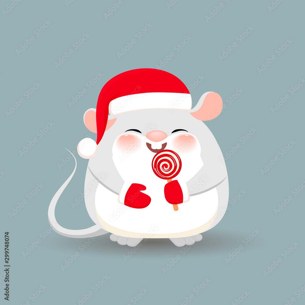 Cute rat character isolated on grey background. Happy mouse in Christmas Santa hat and mittens with candy. 2020 Chinese New Year greeting. Cute rat character isolated on grey background. Happy mouse in Christmas Santa hat and mittens with candy. 2020 Chinese New Year greeting.