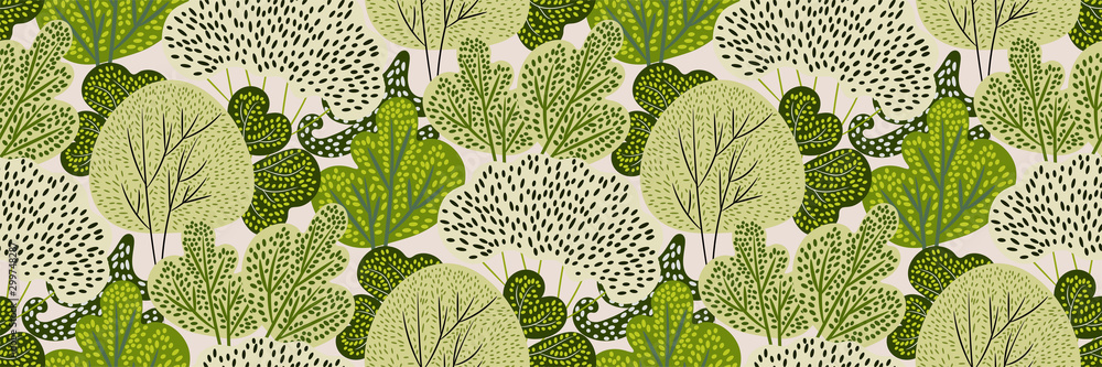 Seamless pattern with green trees in a hand-drawn style on a white background. Creative print with spring / summer forest. Stylized Botanical texture, backdrop. Vector illustration.