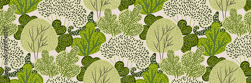 Seamless pattern with green trees in a hand-drawn style on a white background. Creative print with spring / summer forest. Stylized Botanical texture, backdrop. Vector illustration.