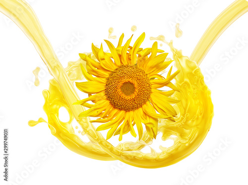 Foto Liquid vegetable sunflower oil, bio organic seeds cooking oil 3D splash and fresh sunflower isolated