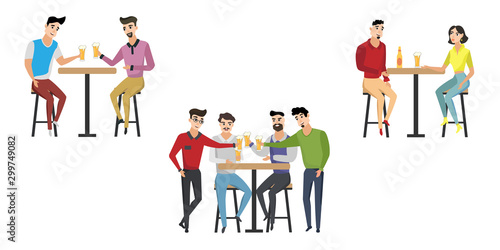 People are drinking beer, having fun. Friends spend their free time together in a bar. Vector cartoon illustration.